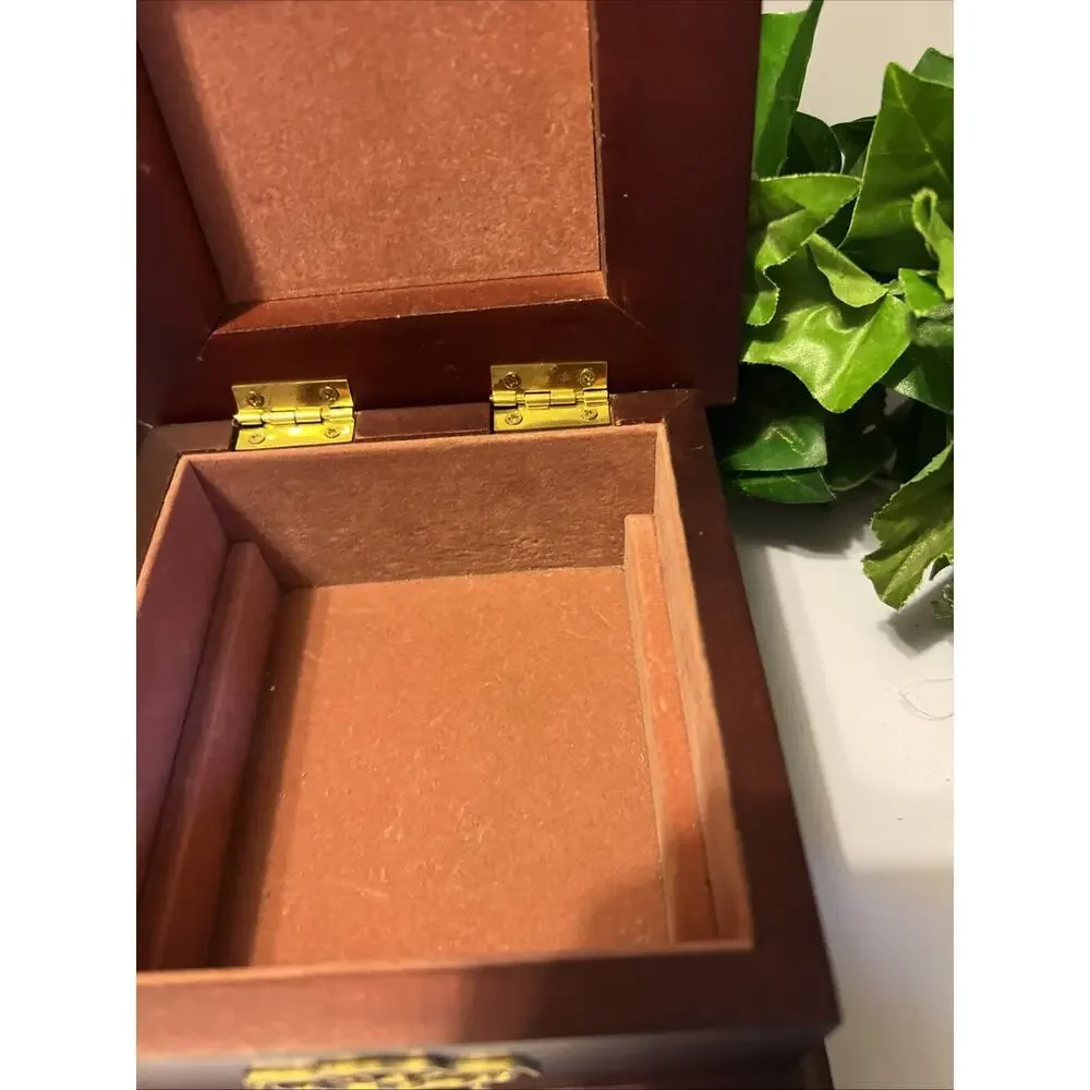 Vtg Cherry Wood Jewelry Box Trinket Style 6x6 Plus Two New Necklaces 6 Earrings